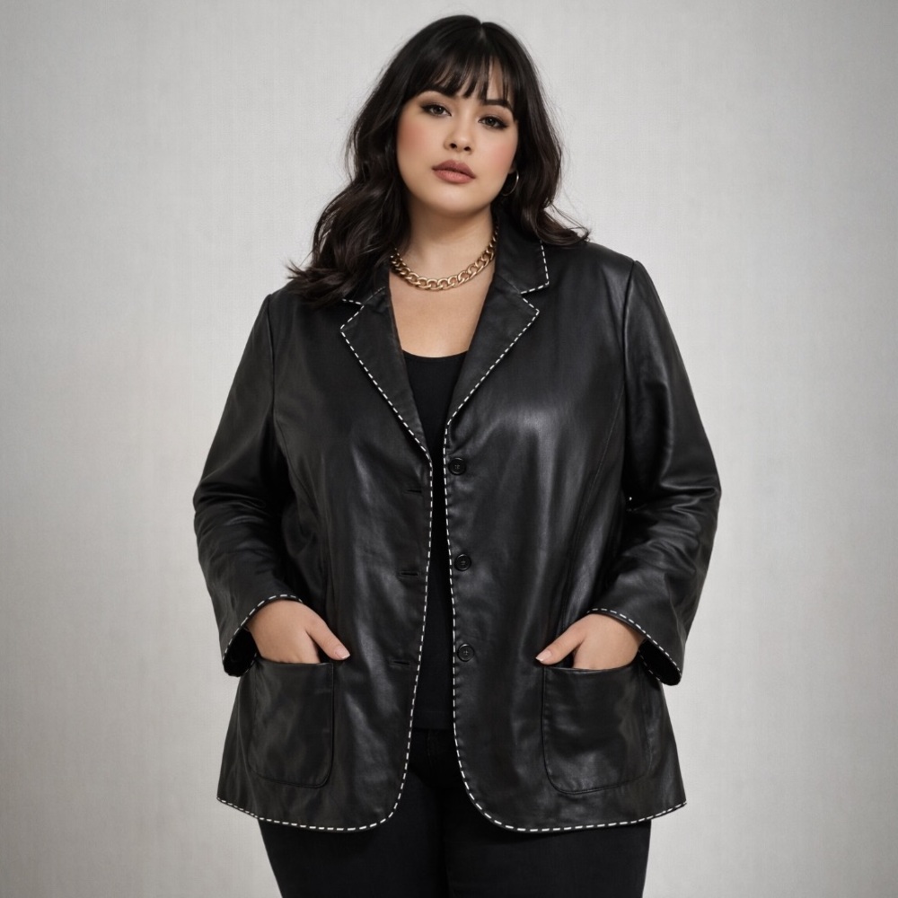 Jones New York Black Leather Jacket with Contrast Stitching